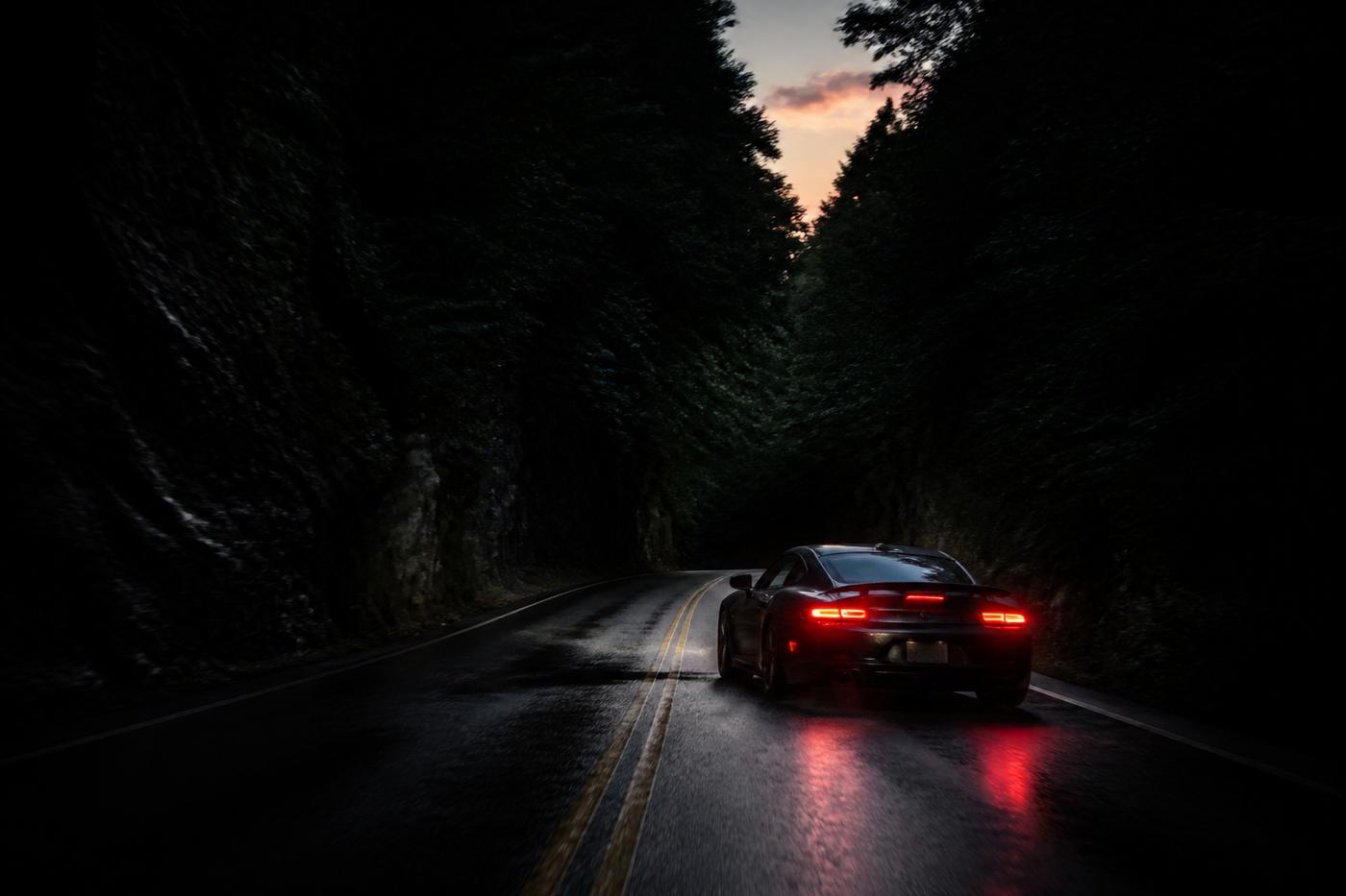 Rear three-quarter of a sports car entering a tree tunnel, red lights on wet asphalt.
