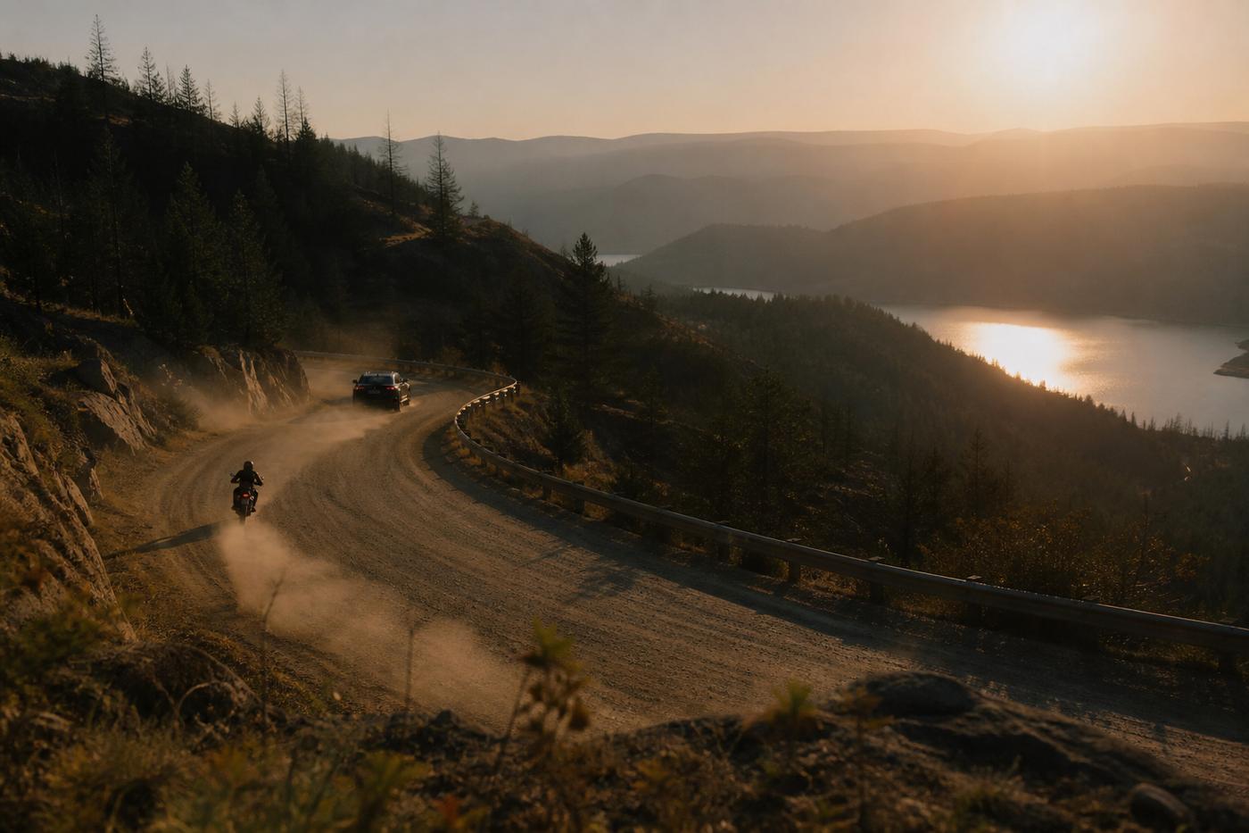 Motorcycle and car on a hill-country curve above a lake at last light.